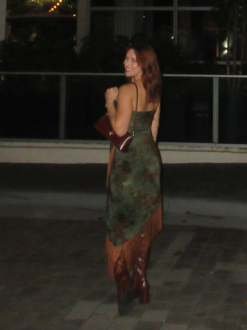 Elvi Strapless Asymmetrical Fringe Hem Midi Dress