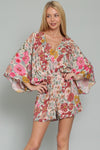 Paisleigh Floral Kimono Sleeve Tie Back Romper - Pink/Blush