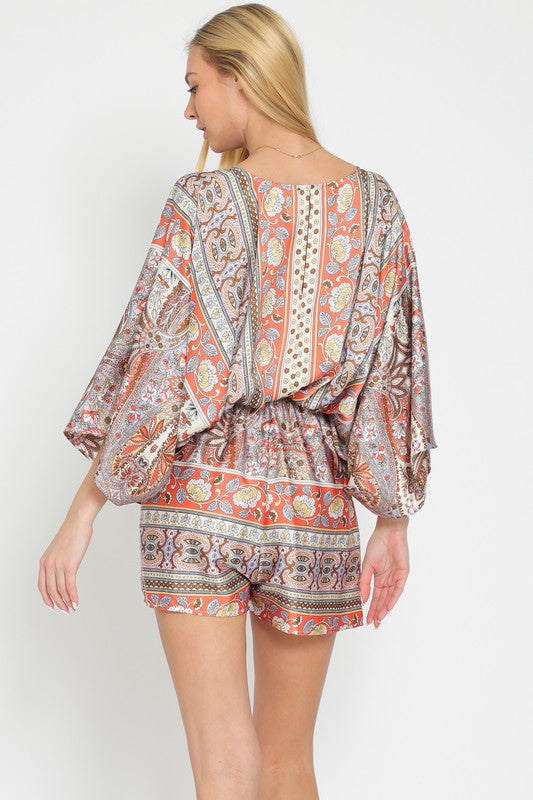 Paisleigh Kimono Sleeve  Romper - Camel Paisley