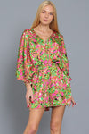 Paisleigh Kimono Sleeve Tie Back Romper - Green/Pink