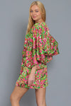 Paisleigh Kimono Sleeve Tie Back Romper - Green/Pink