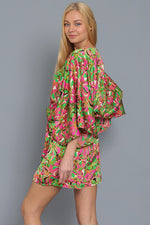 Paisleigh Kimono Sleeve Tie Back Romper - Green/Pink