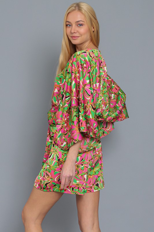 Paisleigh Kimono Sleeve Tie Back Romper - Green/Pink