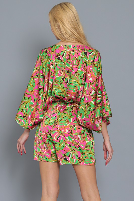 Paisleigh Kimono Sleeve Tie Back Romper - Green/Pink