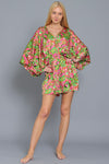 Paisleigh Kimono Sleeve Tie Back Romper - Green/Pink