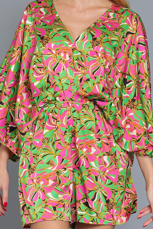 Paisleigh Kimono Sleeve Tie Back Romper - Green/Pink