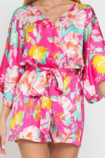 Liza Kimono Sleeve Waist Tie Romper - Pink Floral