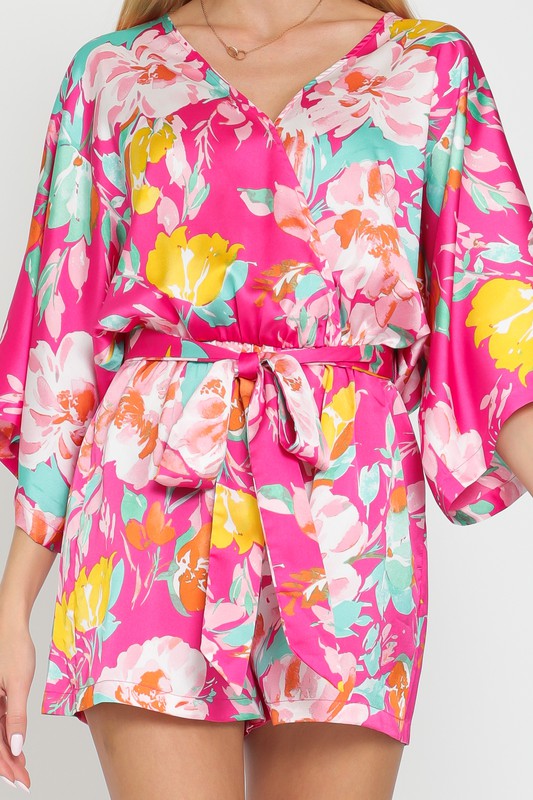 Liza Kimono Sleeve Waist Tie Romper - Pink Floral