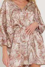 Paisleigh Tropical Kimono Sleeve Tie Back Romper - Brown/Tropical