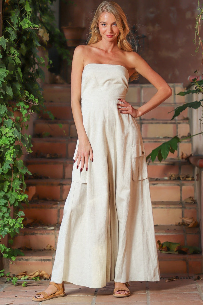 Breezy Strapless Linen Cargo Tie Back Jumpsuit