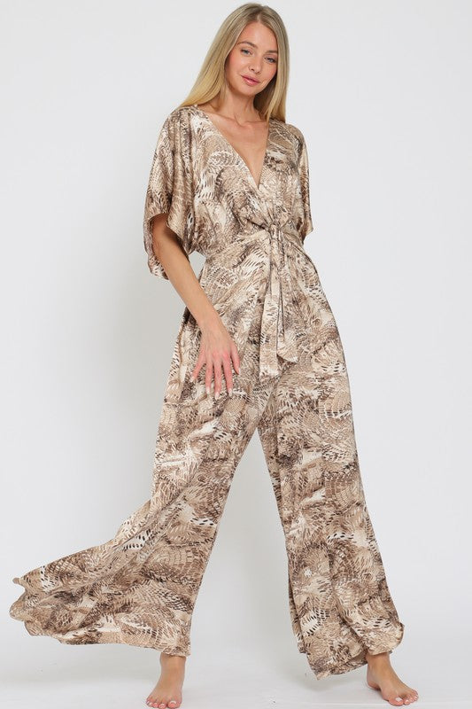 Adonica Animal Print Front Tie Kimono Jumpsuit - Brown/Cream