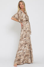 Adonica Animal Print Front Tie Kimono Jumpsuit - Brown/Cream