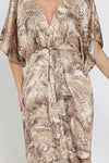 Adonica Animal Print Front Tie Kimono Jumpsuit - Brown/Cream