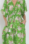 Adonica Floral Print Front Tie Kimono Jumpsuit - Green Floral