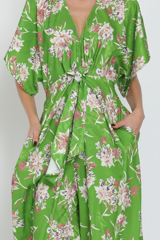 Adonica Floral Print Front Tie Kimono Jumpsuit - Green Floral