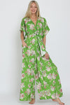 Adonica Floral Print Front Tie Kimono Jumpsuit - Green Floral