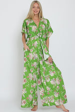 Adonica Floral Print Front Tie Kimono Jumpsuit - Green Floral