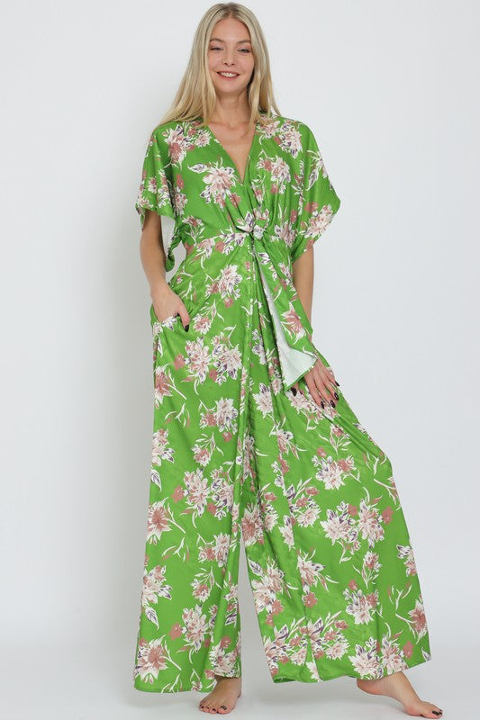 Adonica Floral Print Front Tie Kimono Jumpsuit - Green Floral