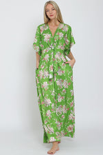 Adonica Floral Print Front Tie Kimono Jumpsuit - Green Floral