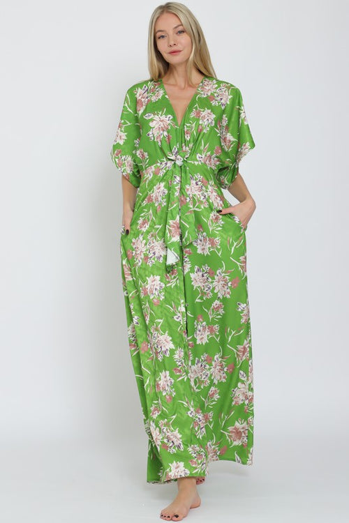 Adonica Floral Print Front Tie Kimono Jumpsuit - Green Floral