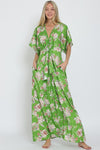 Adonica Floral Print Front Tie Kimono Jumpsuit - Green Floral