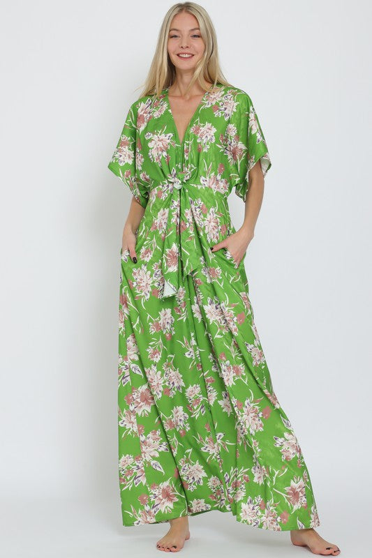 Adonica Floral Print Front Tie Kimono Jumpsuit - Green Floral