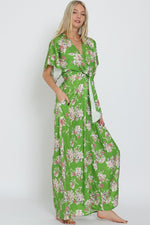 Adonica Floral Print Front Tie Kimono Jumpsuit - Green Floral