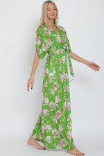 Adonica Floral Print Front Tie Kimono Jumpsuit - Green Floral