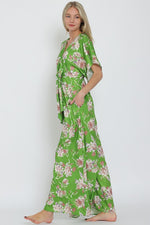 Adonica Floral Print Front Tie Kimono Jumpsuit - Green Floral
