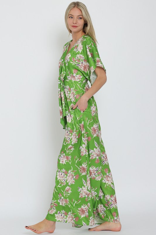 Adonica Floral Print Front Tie Kimono Jumpsuit - Green Floral