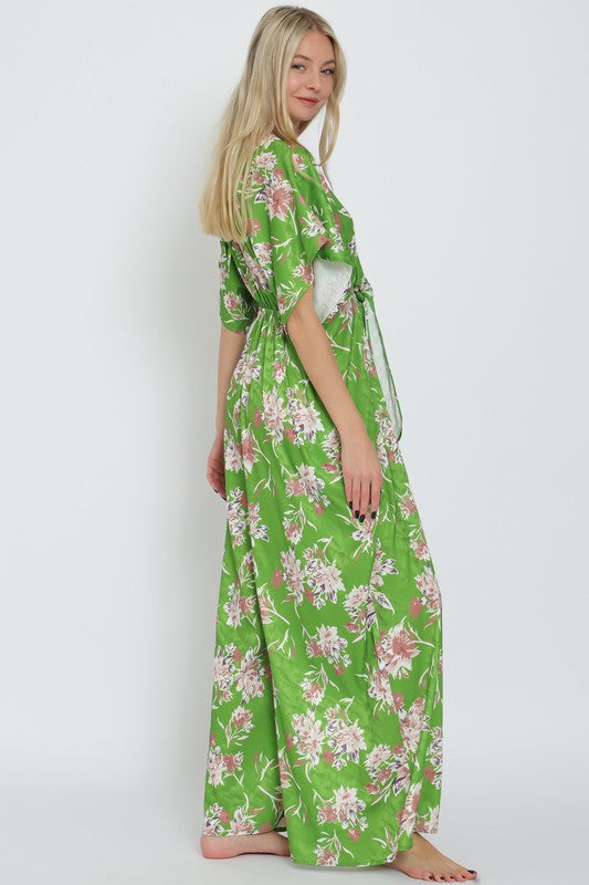 Adonica Floral Print Front Tie Kimono Jumpsuit - Green Floral