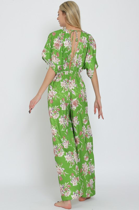 Adonica Floral Print Front Tie Kimono Jumpsuit - Green Floral