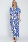 Adonica Leaf Print Front Tie Kimono Jumpsuit - Off White/Blue