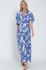 Adonica Leaf Print Front Tie Kimono Jumpsuit - Off White/Blue
