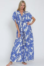 Adonica Leaf Print Front Tie Kimono Jumpsuit - Off White/Blue