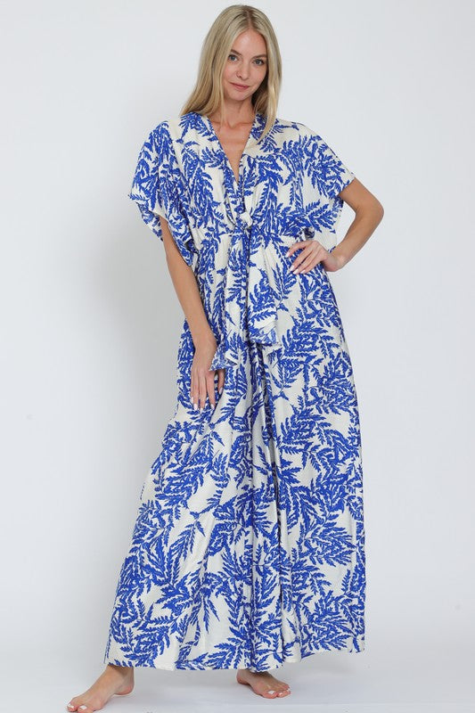 Adonica Leaf Print Front Tie Kimono Jumpsuit - Off White/Blue
