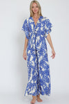 Adonica Leaf Print Front Tie Kimono Jumpsuit - Off White/Blue