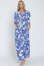 Adonica Leaf Print Front Tie Kimono Jumpsuit - Off White/Blue