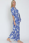 Adonica Leaf Print Front Tie Kimono Jumpsuit - Off White/Blue