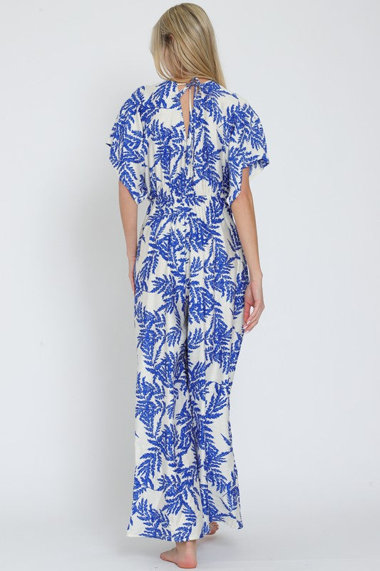 Adonica Leaf Print Front Tie Kimono Jumpsuit - Off White/Blue