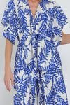 Adonica Leaf Print Front Tie Kimono Jumpsuit - Off White/Blue