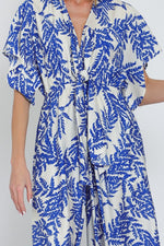 Adonica Leaf Print Front Tie Kimono Jumpsuit - Off White/Blue