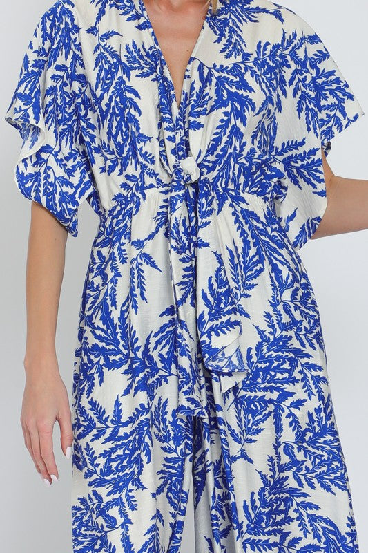 Adonica Leaf Print Front Tie Kimono Jumpsuit - Off White/Blue