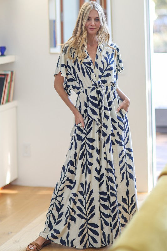 Adonica Print Front Tie Kimono Jumpsuit - Navy/Ivory