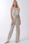 Paola Sleeveless Pleated Shimmery Buckle Waist Jumpsuit