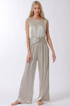 Paola Sleeveless Pleated Shimmery Buckle Waist Jumpsuit