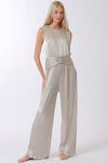 Paola Sleeveless Pleated Shimmery Buckle Waist Jumpsuit
