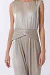 Paola Sleeveless Pleated Shimmery Buckle Waist Jumpsuit