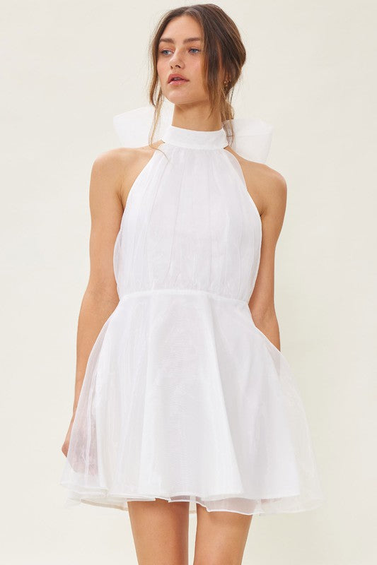 Catherine Halter Bow Detail Mini Dress - White