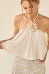 Fanchie Rose Detail Halter Neck Top - Cream